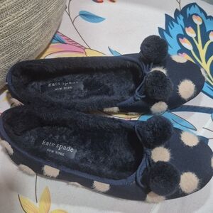kate spade Navy and Cream Polka Dot Pom-Pom Women's Slippers